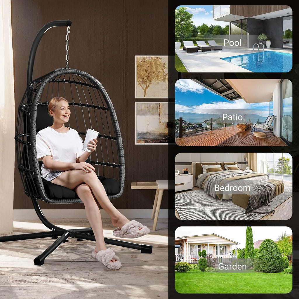 Egg Chair with Stand,Patio Rattan Wicker Hanging Hammock Chair Porch Garden,Thickened Aluminum Alloy Steel Frame and
