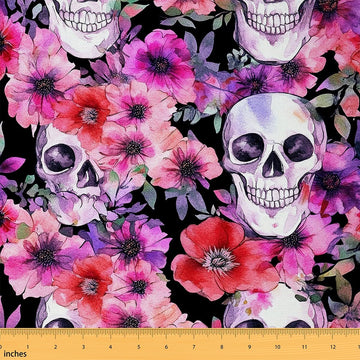 Watercolor Flower Skeleton Fabric by The Yard for Chairs Exotic Tribal Floral Skull Print Upholstery Fabric for Arts