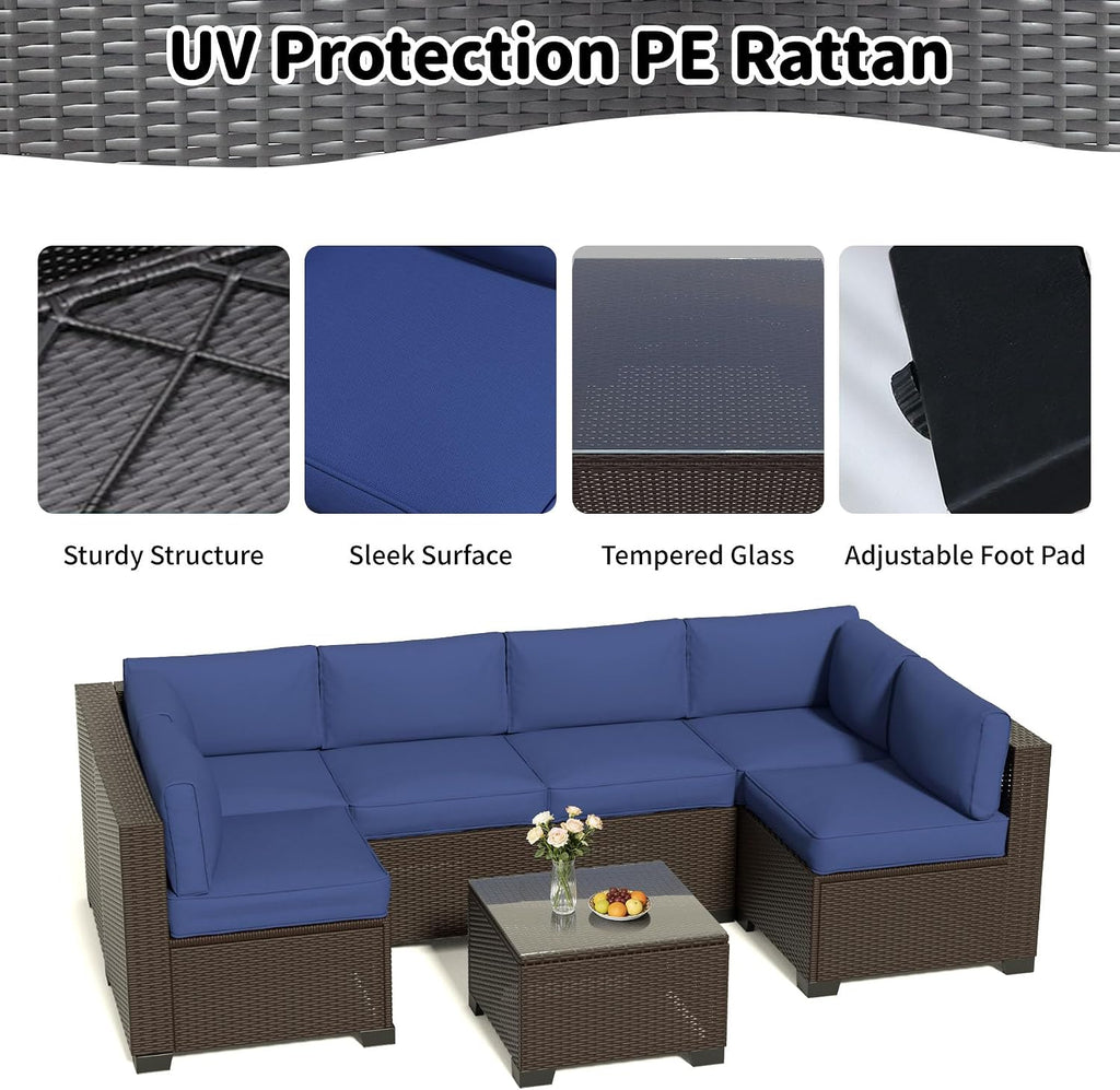 7-Piece Outdoor Sectional Patio Furniture Set, All-Weather Wicker Rattan Sofa w/Thick Washable Cushions & Tempered