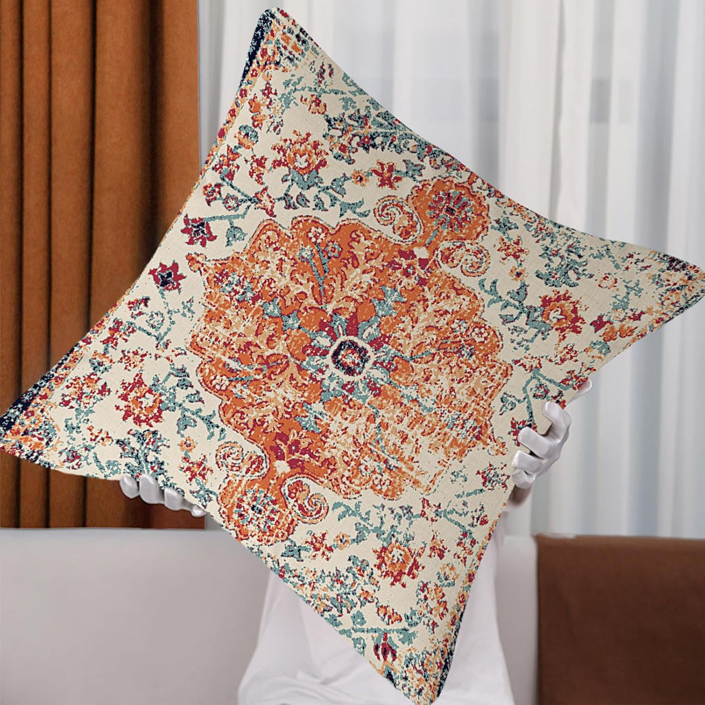 Outdoor Waterproof Pillow Covers 18X18 Inch Set of 2 - Bohemian Vintage Carpet Pattern Orange Blue Ethnic Design