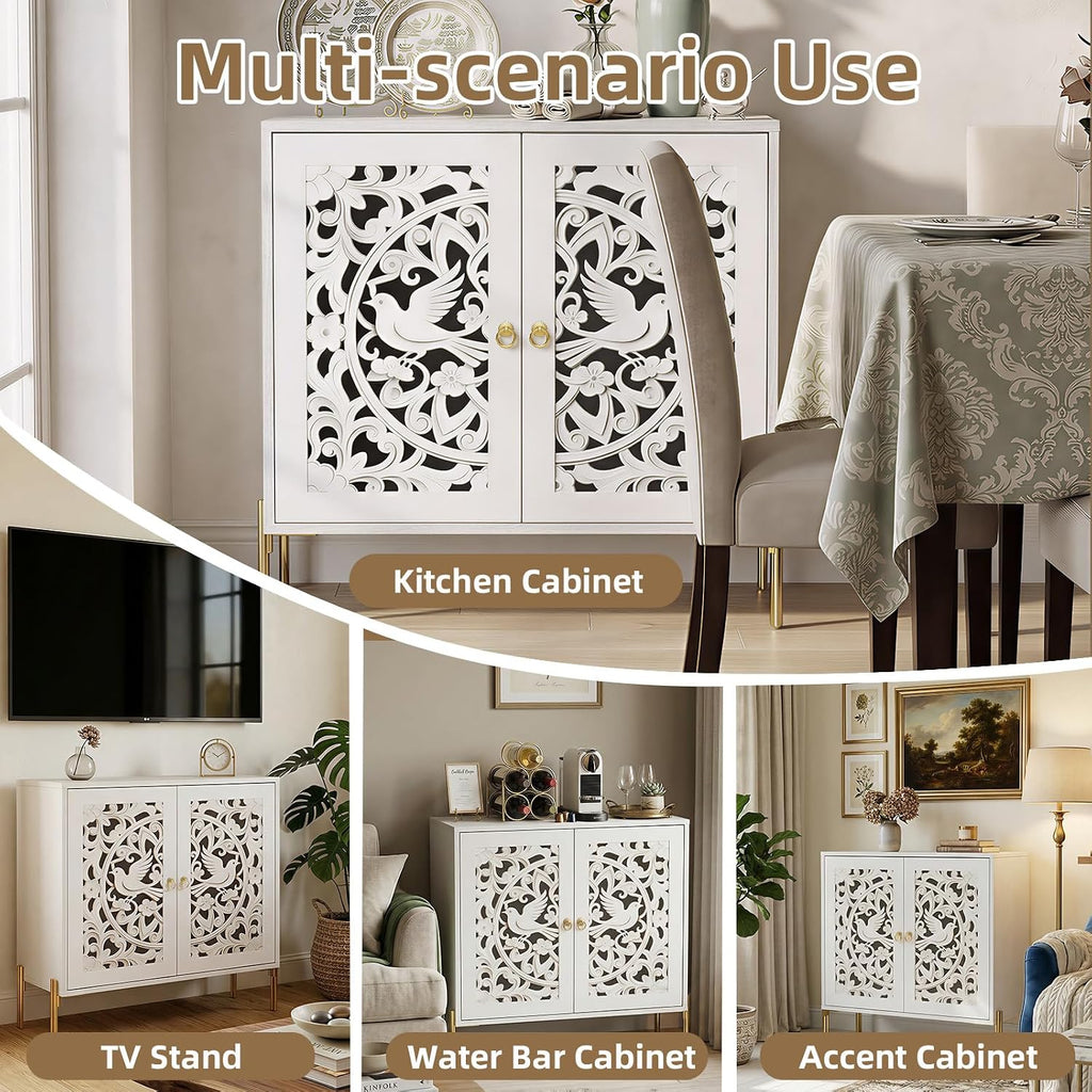 Accent Cabinet with Doors, Hollow-Carved Pattern Buffet Cabinet with Storage, Freestanding Sideboard Cabinet Dining