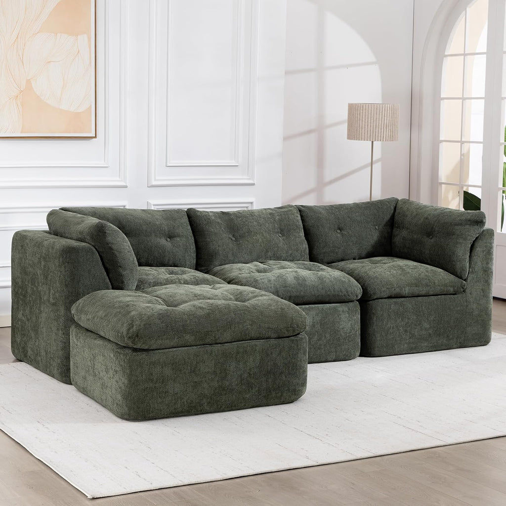 Tufted Cushions Cloud Sectional Boneless Sectional Sofa with Movable Ottoman, 112" Oversized Modular Convertible L