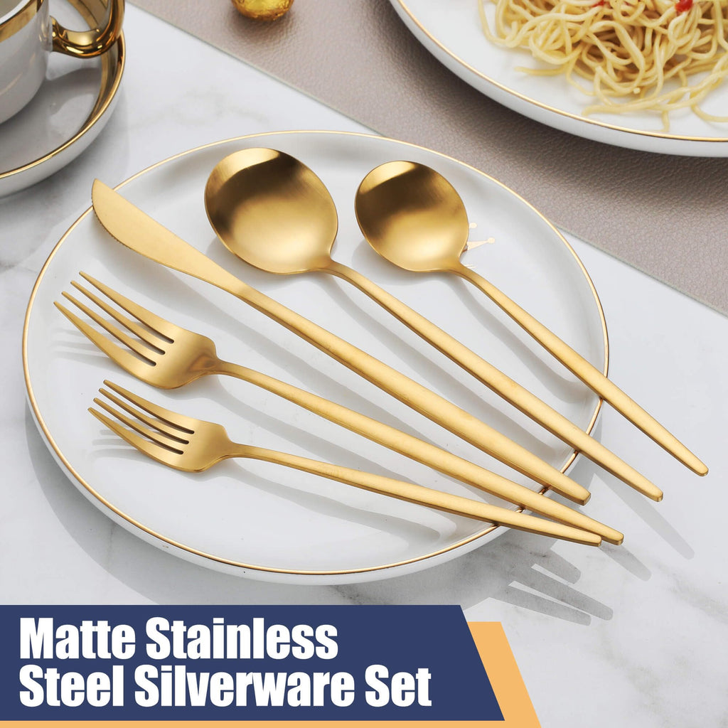 Matte Gold Silverware Set, 30 Piece Stainless Steel Modern Flatware Set, Brushed Cutlery Set Service for 6, Satin Finish
