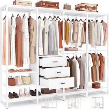 Wood Clothes Rack Wardrobe Closets for Hanging Clothes Heavy Duty Garment Rack, Large Corner L Shaped Closet System