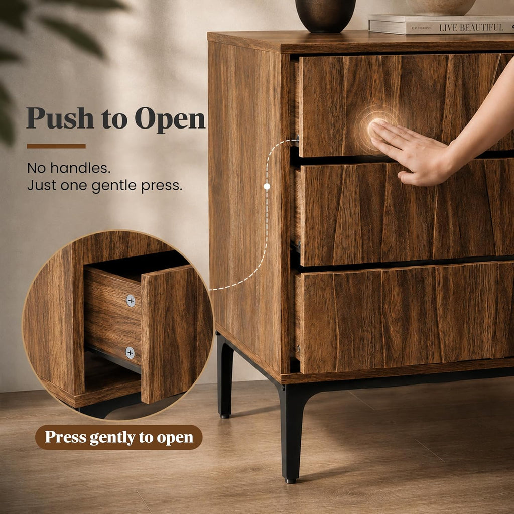 Mid-Century Modern Walnut Nightstand, Wide Bedside or Side Table with 3 Drawers, Sculpted 3D Wave Front, Push-to-Open