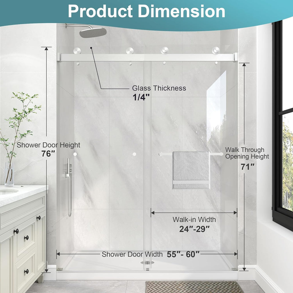 Frameless Shower Door, 55-60" W x 76" H Double Sliding Glass Shower Door
