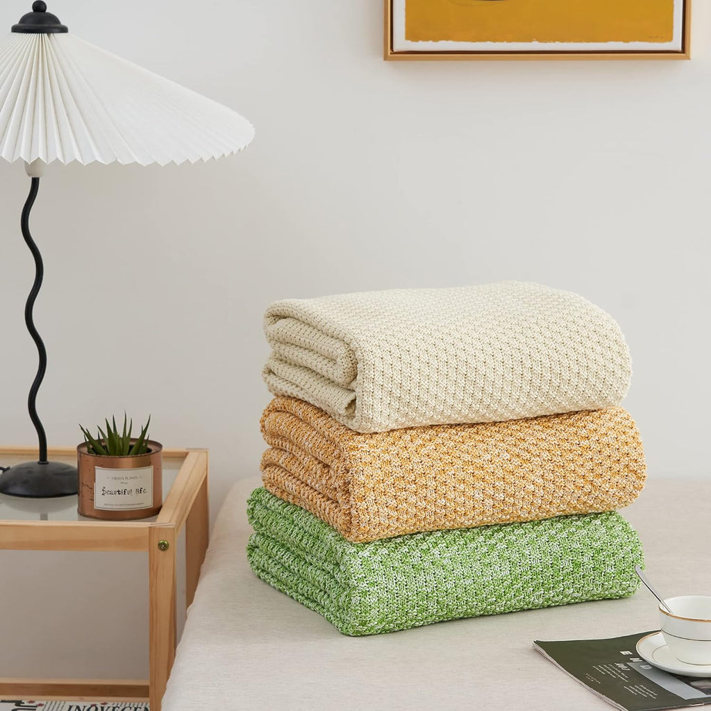 100% Cotton Knitted Throw Blanket - Cream, Soft & Cozy, Machine Washable, 60"x80"