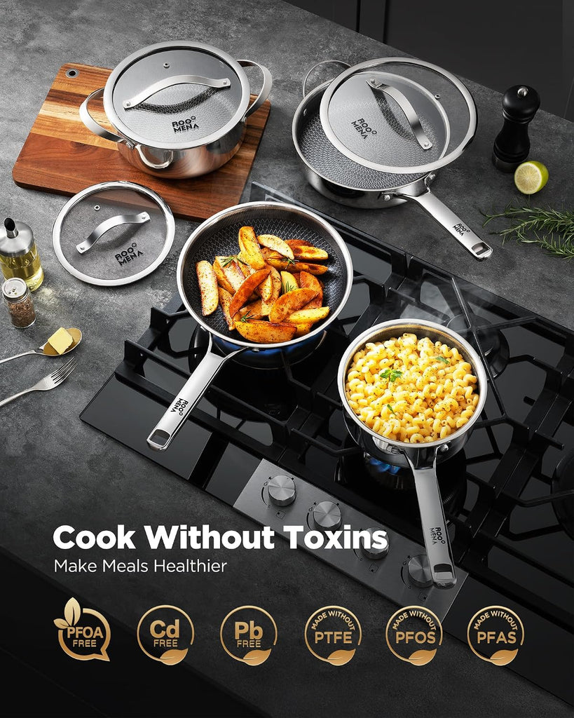 Pots and Pans Set Hybrid Stainless Steel, 17PC Nonstick Tri-Ply Cookware Set w/Frying pan, Dishwasher & Oven Safe