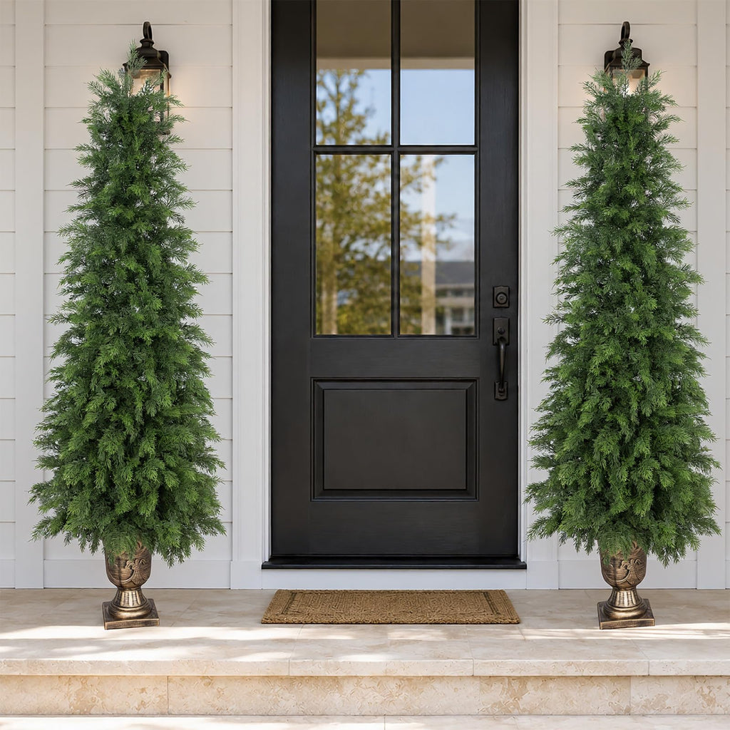 5ft UV Resistant Topiary Trees Artificial Outdoor with Urn Planter & Soft Real Touch Leaves, 60in Lifelike Faux Cedar