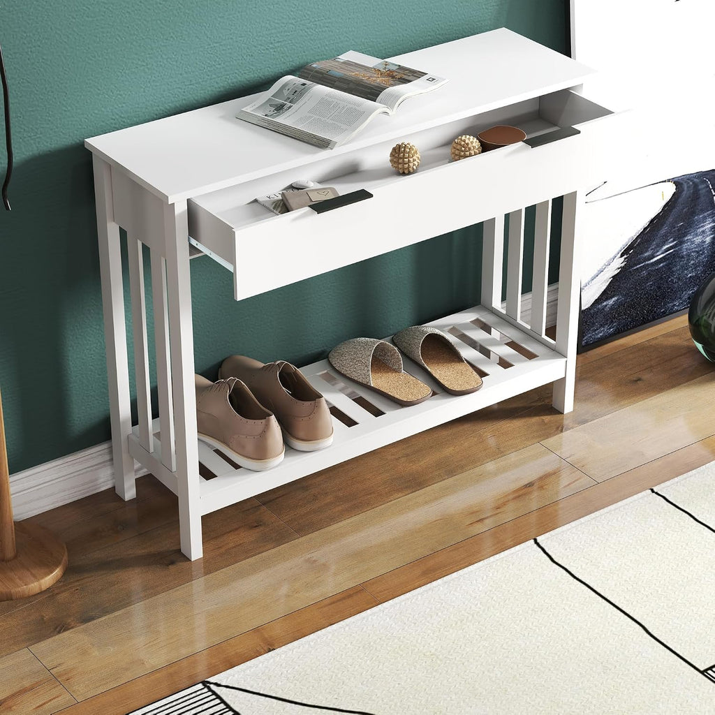 White Narrow Console Table with Drawer Storage Shelf, Modern Wooden Entryway Sofa Table, 39 Inch Slim Behind Couch