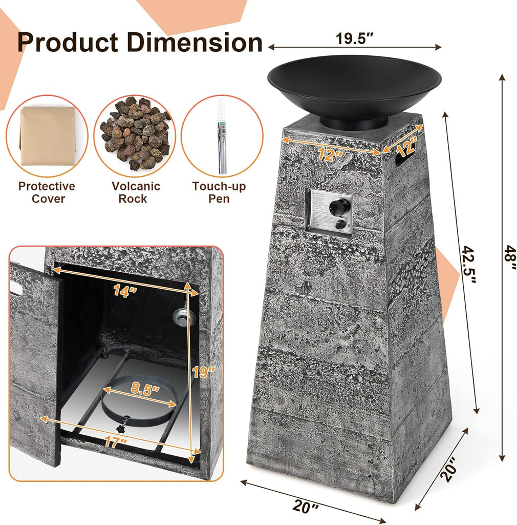 Propane Fire Bowl Column, Outdoor Burning Fire Bowl W/Lava Rocks & PVC Cover, 30,000 BTU Heat Output