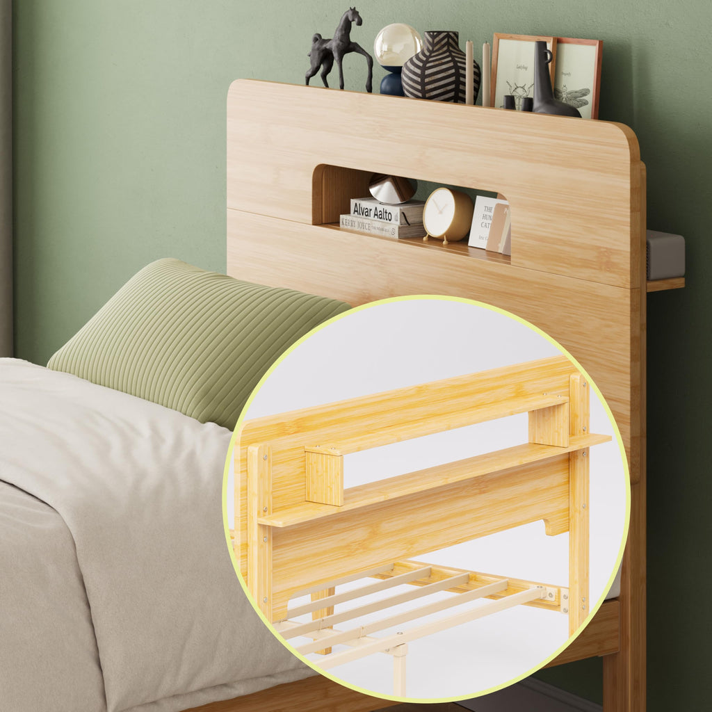 Solid Bamboo Wood Twin XL Bed Frame with Storage Headboard, 14 inch Platform Twin XL Bed Frames No Box Spring Needed