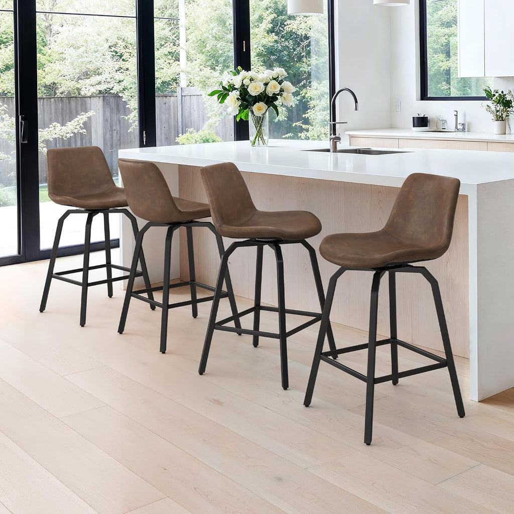 360° Swivel Bar Stools Set of 4, 26 Inch Counter Height Bar Stools, Modern Faux Leather with Enlarged Seats, Metal