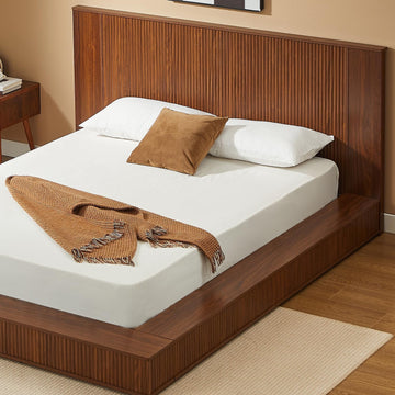 Japanese Wooden Floor Bed Frame King with Walnut Headboard
