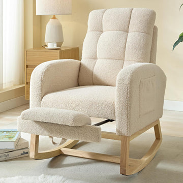 Modern Nursery Rocking Chair, Teddy Upholstered Rocking Chair with Footrest, Comfortable Rocker Glider with Side