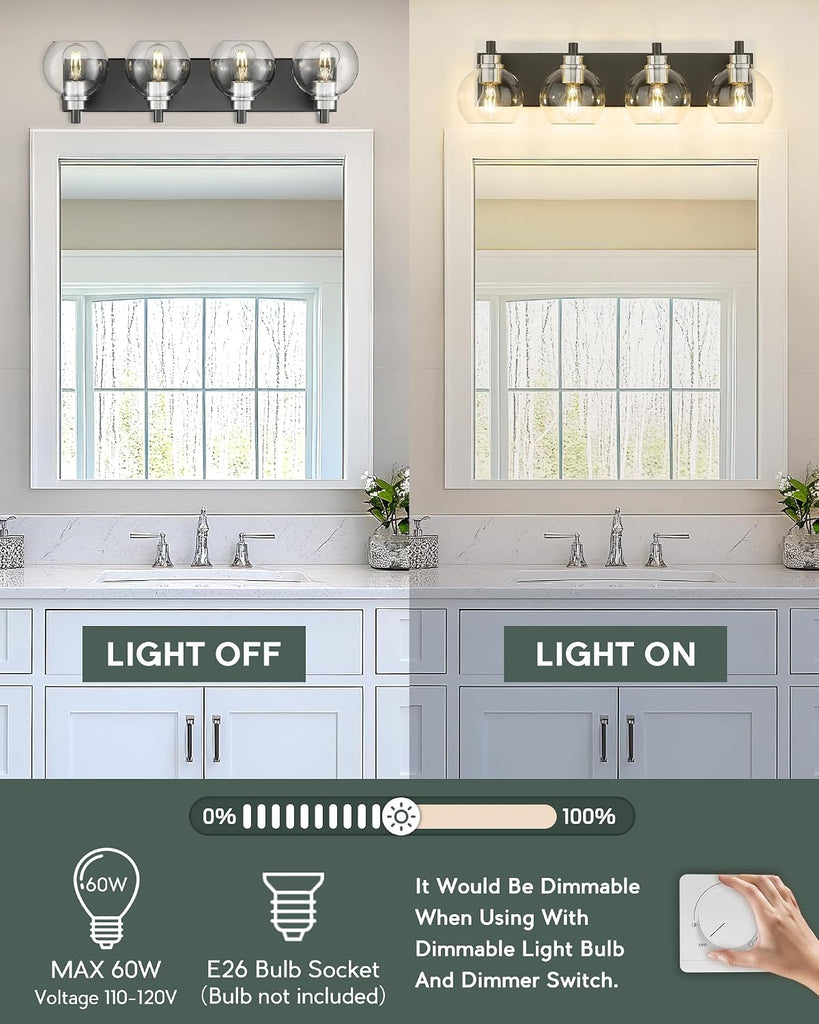 4-Light Black and Nickel Bathroom Vanity Light, Clear Glass Globes | Ideal for 30-40" mirrors, 26" modern bathroom
