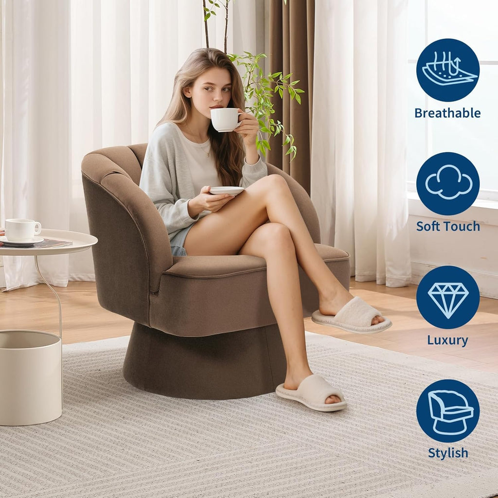 Swivel Accent Chair with Armrests, 360° Mid Century Modern Swivel Barrel Chair, Modern Cozy Velvet Armchair , Brown