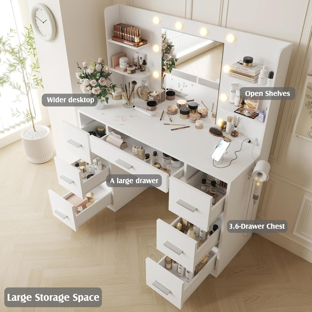 Vanity Desk with Mirror, Power Outlet and 10 Lights, Makeup Table with 7 Drawers, 3 Color Modes Available , Pure White