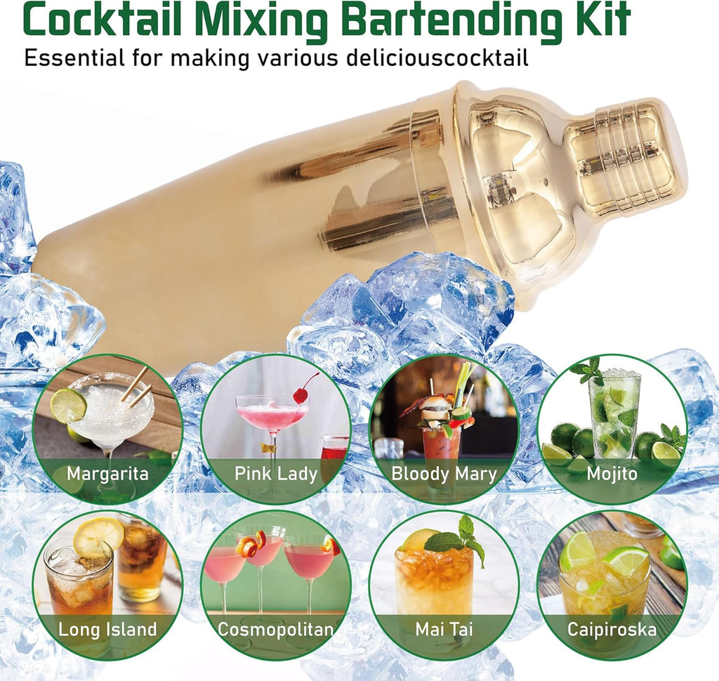 Cocktail Shaker Set Bartender Kit with Rotatble Bamboo Stand, Bar Set Stainless Steel Bar Accessories - Set of 11