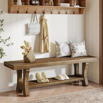 Solid Wood Storage Bench, Farmhouse Entryway Bench, Long Indoor Dining Seat, Easy Assembly, Dark Brown