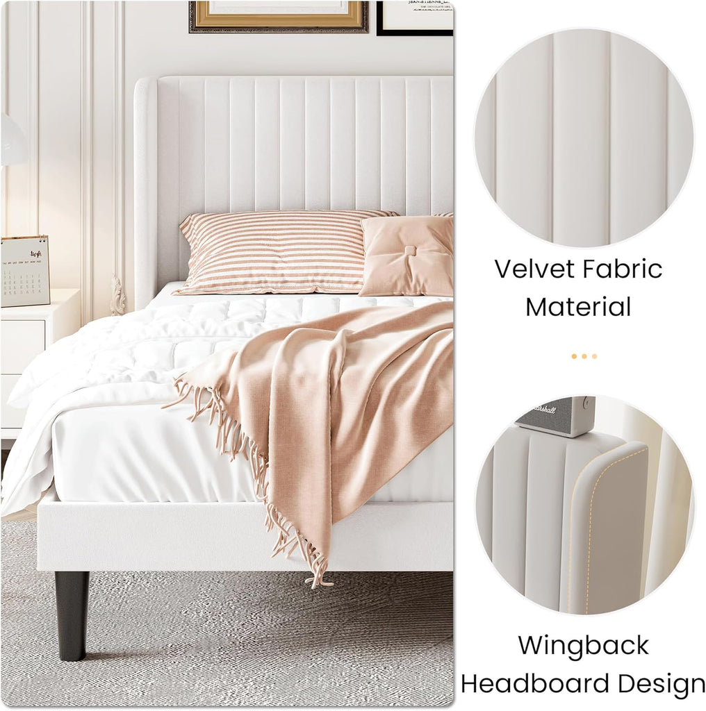 Queen Velvet Bed Frame with Vertical Channel Tufted Wingback Headboard, Upholstered Platform Bed with Wood Slats