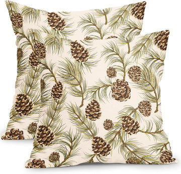 Winter Pine Cone Pillow Covers 18x18 Inch Christmas Theme Pinecone Plant Outdoor Throw Pillows Rustic Xmas - Set of 2