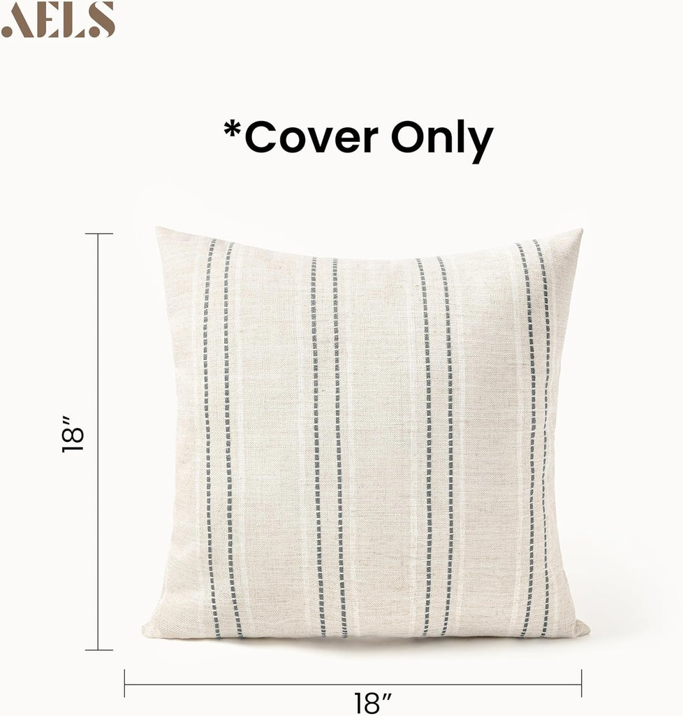 18x18 Decorative Farmhouse Linen Blend Throw Pillow Covers, Boho Textured Pillow Case, Set of 2, Beige with White & Gray Stitch Yarn Dyed Stripe Cushion Cover for Sofa Living Room (Cover ONLY)