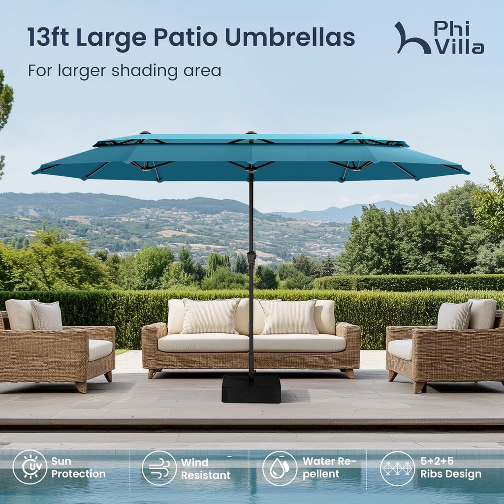 13ft Large Patio Umbrellas with Base Included, 2-Tier Double-Sided Outdoor Market Rectangle Umbrella Blue & Cerulean