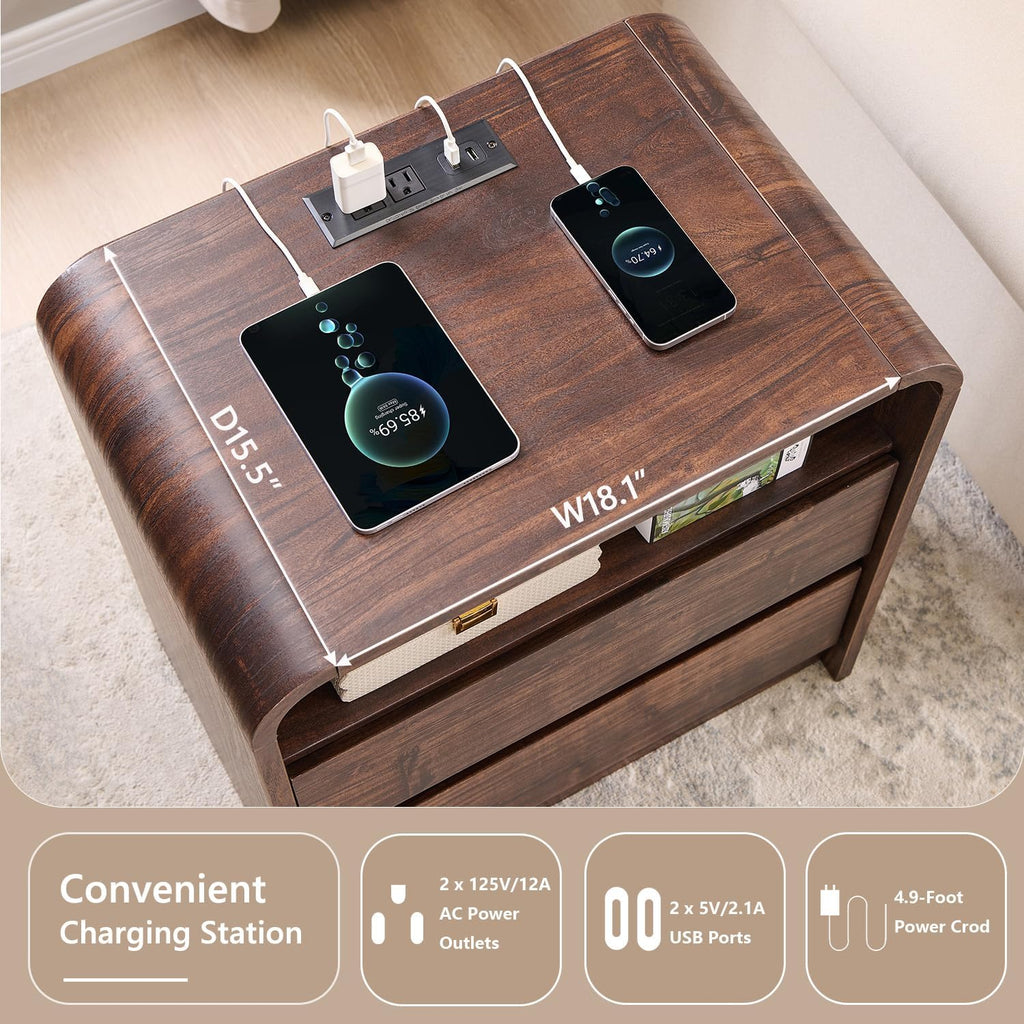 25" Tall Modern Nightstand with Charging Station, 23.6'' Wide Wood Bedside Table w/2 Storage Drawers, Large Mid