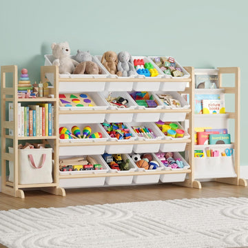 Large Toy Storage Organizer with Bookshelf - 3 Shelves and 12 Bins Kids Solid Pine Wood Toy Organizer with 3 Tier