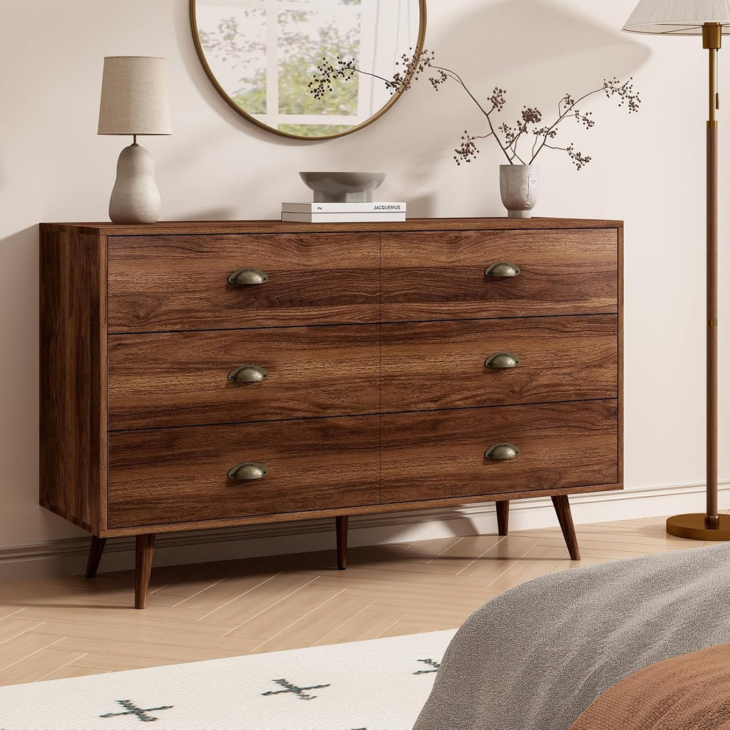 Walnut Dresser , 6 Drawer Dresser with Wide Drawers and Gold Metal Handles, 47" Wood Dressers & Chests of Drawers .