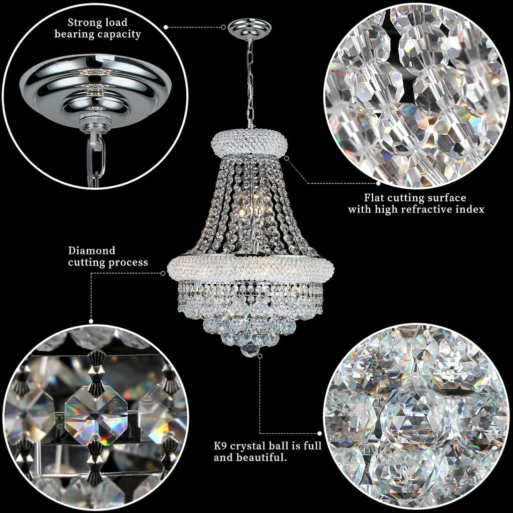 Crystal Chandeliers for Dining Room Light Fixtures Over Table_Empire Style K9 Crystal Chandeliers for Living Room_6 Lights Chrome Luxury Lighting Fixtures for Bedroom Kitchen Island Entryway