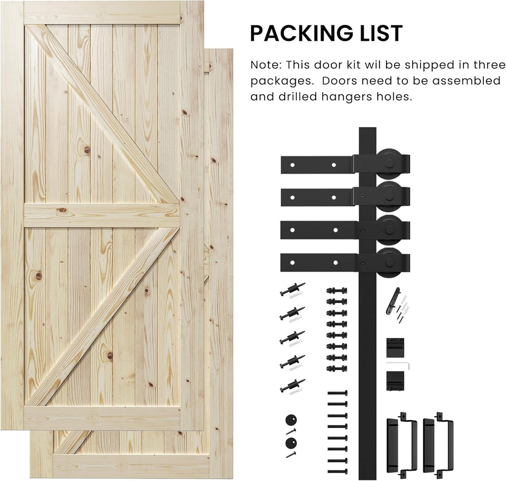 Double 36"x80" Bypass Barn Door with 6.6FT Track Hardware Kit Included, Unfinished Solid Wood, DIY S