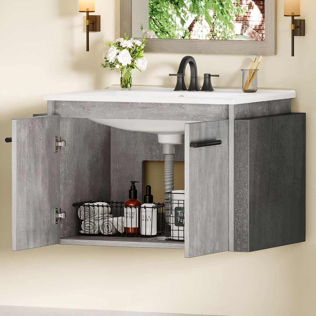 36" Modern Wall Mounted Bathroom Vanity with Sink - White & Gray Cabinet with 2 Soft-Close Doors