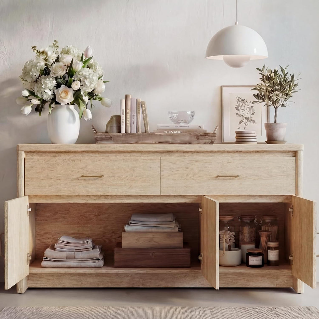 59" Sideboard Buffet Cabinet with Storage, Wood Kitchen Storage Cabinet with Adjustable Shelves & Drawers, Mid