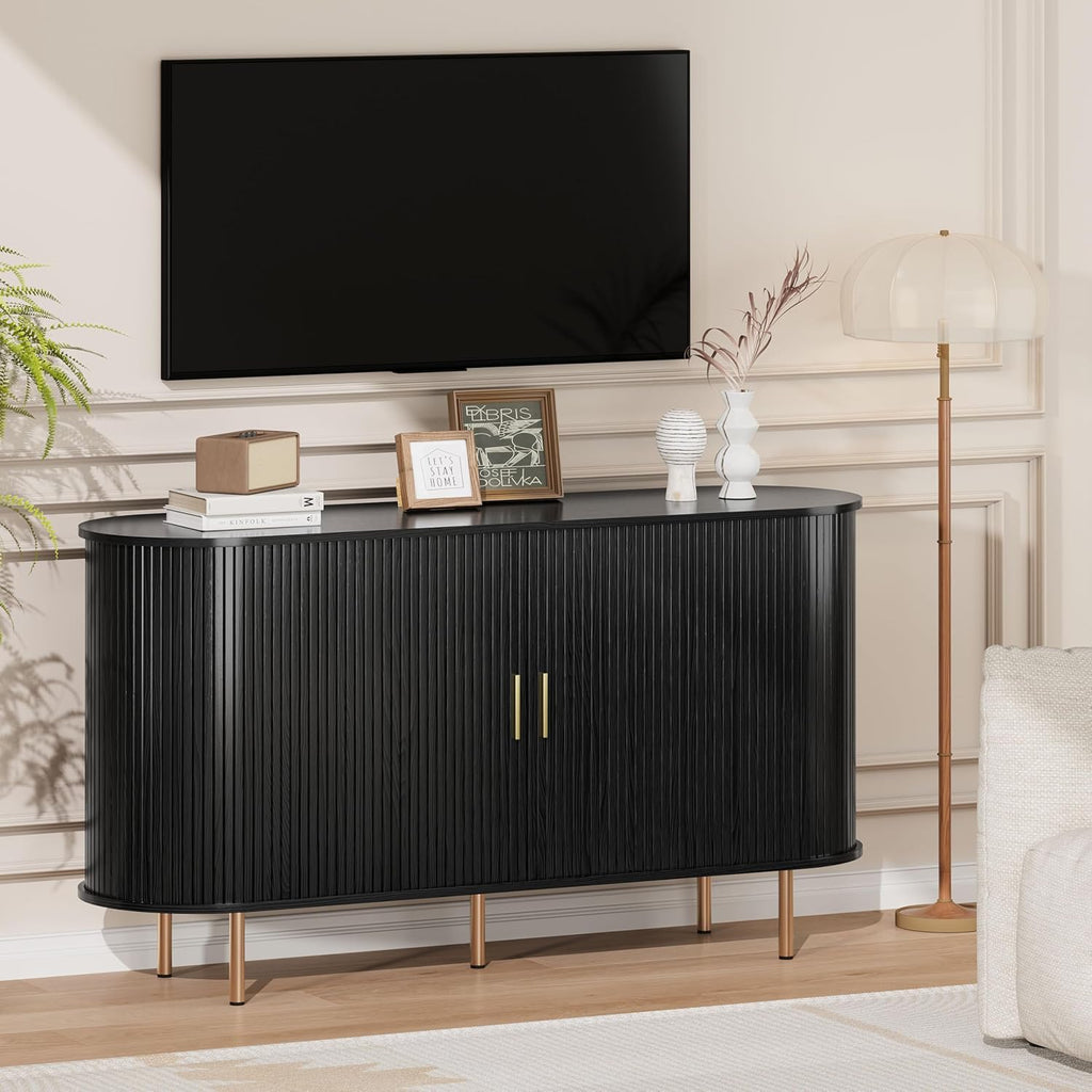 Sideboard Buffet Cabinet with Storage,Mid Century Modern Fluted Accent Coffee Bar Console Table,Tambour Sliding Doors& Adjustable Shelf for Kitchen, Living Room, Entryway(Black, 55 Inch)
