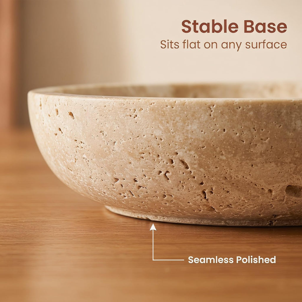 Large 7.87" Natural Travertine Stone Decorative Bowl, Beige Travertine Catchall Tray Decor, Coffee Table Centerpiece