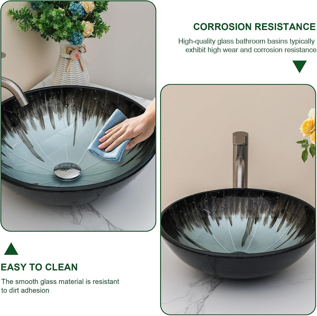 Artistic Vessel Sink Bathroom Vessel Sink Round Brown Tempered Glass Vanity Round Bowl With Pop-up Drain 16-1/2