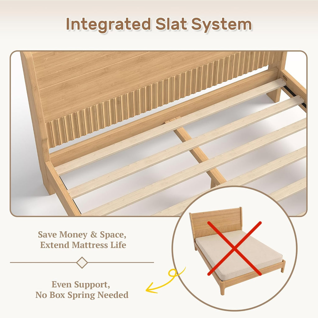 Queen Bed Frame with Headboard, Solid Bamboo Platform Bed Frame & Wood Slats Support 800LBS, Japanese Bed Frame