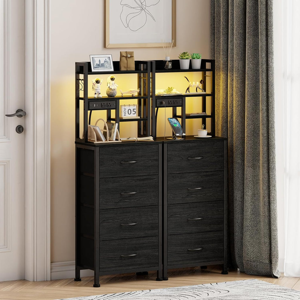 Tall Nightstand, LED Night Stand with Charging Station and USB Ports, 4 Fabric Drawers and 4 Tier Storage Shelf