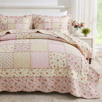 100% Cotton Patchwork Quilt Set Queen, Real Sewn, 3-Piece Pink Floral Quilt Bedding Set Reversible Lightweight