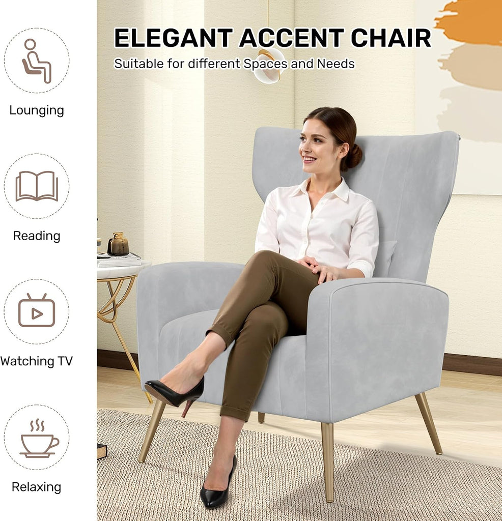 Velvet Accent Chair Wingback , High Back Arm Chair with Golden Legs Lumbar Pillow, Upholstered Single Sofa Bedroom