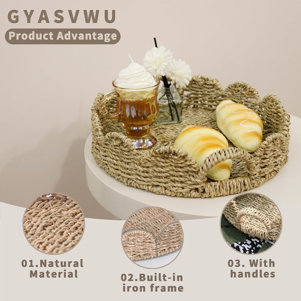 Seagrass Scalloped Tray with Handles,Round Rattan Serving Trays for Coffee Table,Woven Tray for Ottoman Decorative