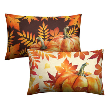 Fall Throw Pillow Covers 12x20 Set of 2 Orange Black Maple Leaves Pumpkin Autumn Lumbar Pillow Case Thanksgiving