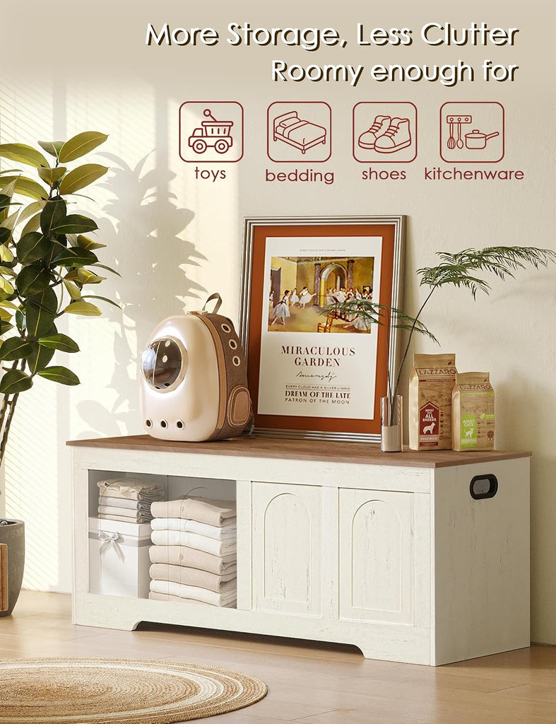 Storage Chest, Wooden Toy Box with Lid, 2 Soft-Close Hinges 47.2" | Farmhouse Storage Bench, Finger-safe Flip-Top