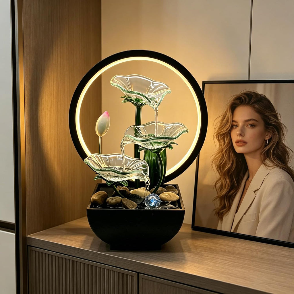 Tabletop Water Fountain,3-Tier Transparent Acrylic Lotus Leaf Zen Fountain,Indoor Water Feature with Lotus,LED Ring
