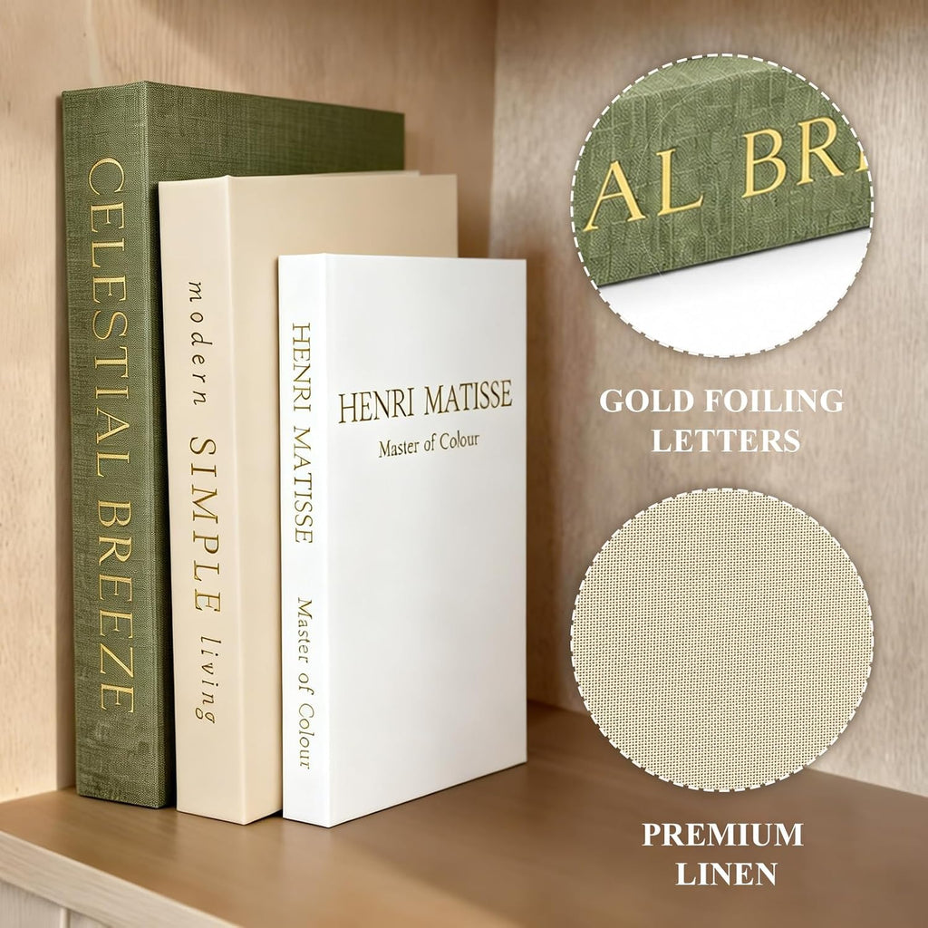 Decorative Books Decor Set of 3 Stackable Linen Faux Book Boxes with Hidden Storage for Coffee Table, Bookshelf