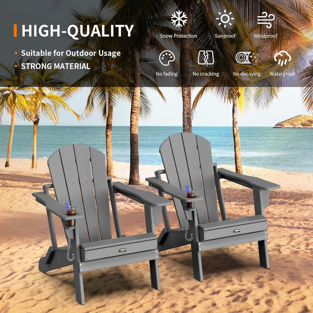 Plastic Adirondack Chairs Set of 2, Folding with Cup Holder, Waterproof HDPE Material, Comfortable 380lb Weight
