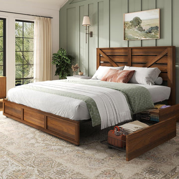 48.8" H Queen Bed Frame with 4 Storage Drawers, Farmhouse Platform Bed with Barn Door Headboard, Rustic Wood Grain