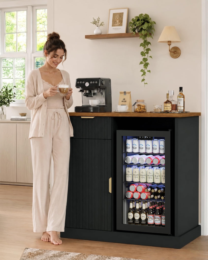 Fluted Coffee Bar with Fridge Space & Power Outlet, 39" Black